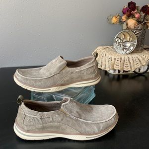 Mens Skechers canvas loafers sz 11 relax fit memory foam boat shoes gray brown